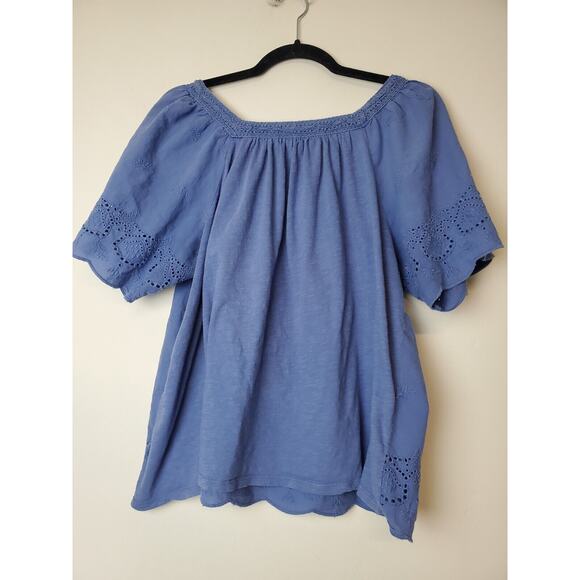 Lucky Brand Large Peasant Top Boho Eyelet Lace Blue Flutter Sleeve EMBROIDERY - Picture 4 of 9